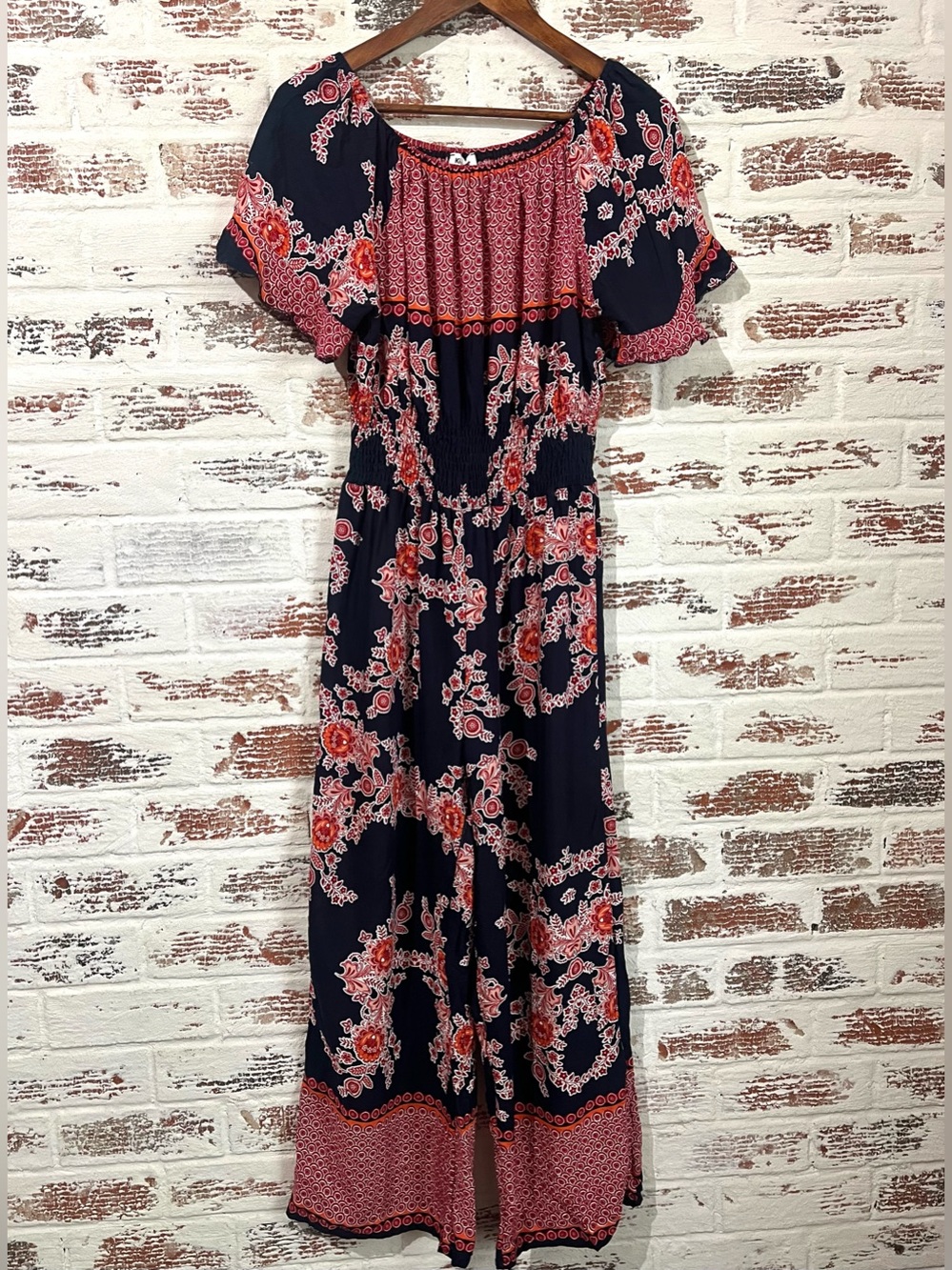 Kindred Jumpsuit Boho Floral Smocked Waist Wide Leg Rayon Navy Blue Red Size L